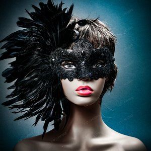 Mardi Gras Women Side Feather Masquerade Mask Black Feather Women Party Costume
